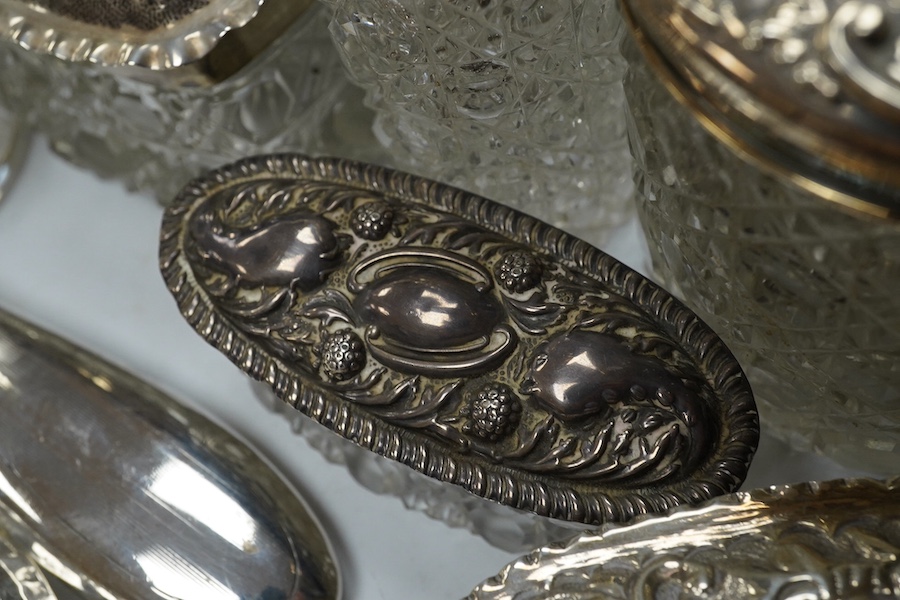 Two silver mounted hand mirrors and a collection of seventeen assorted silver mounted toilet jars. Condition - poor to fair